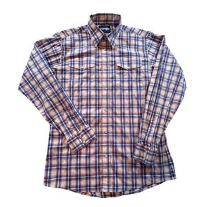 Wrangler Mens XL Blue Orange Plaid Western Snap Long Sleeve Shirt Pearl Snap